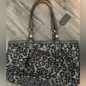 Coach Ashley Ocelot Black Metallic Silver Animal Print Shoulder Bag Tote